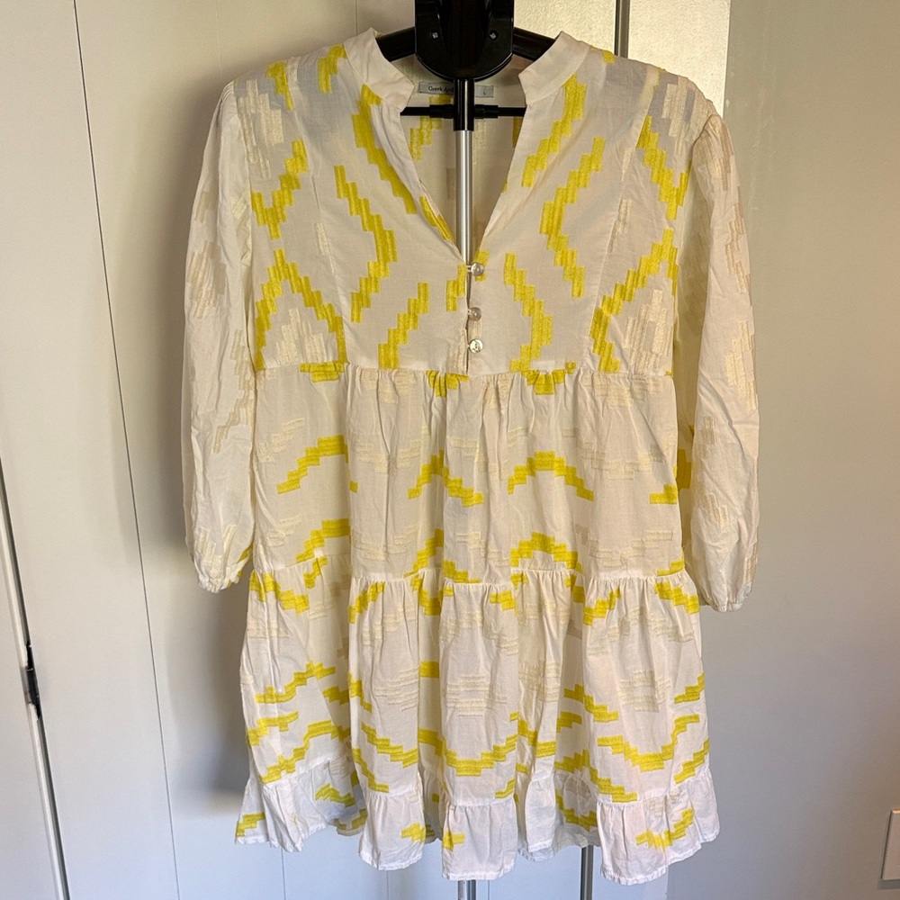 Greek Archaic Kori White and Yellow Patterned Dress Size L